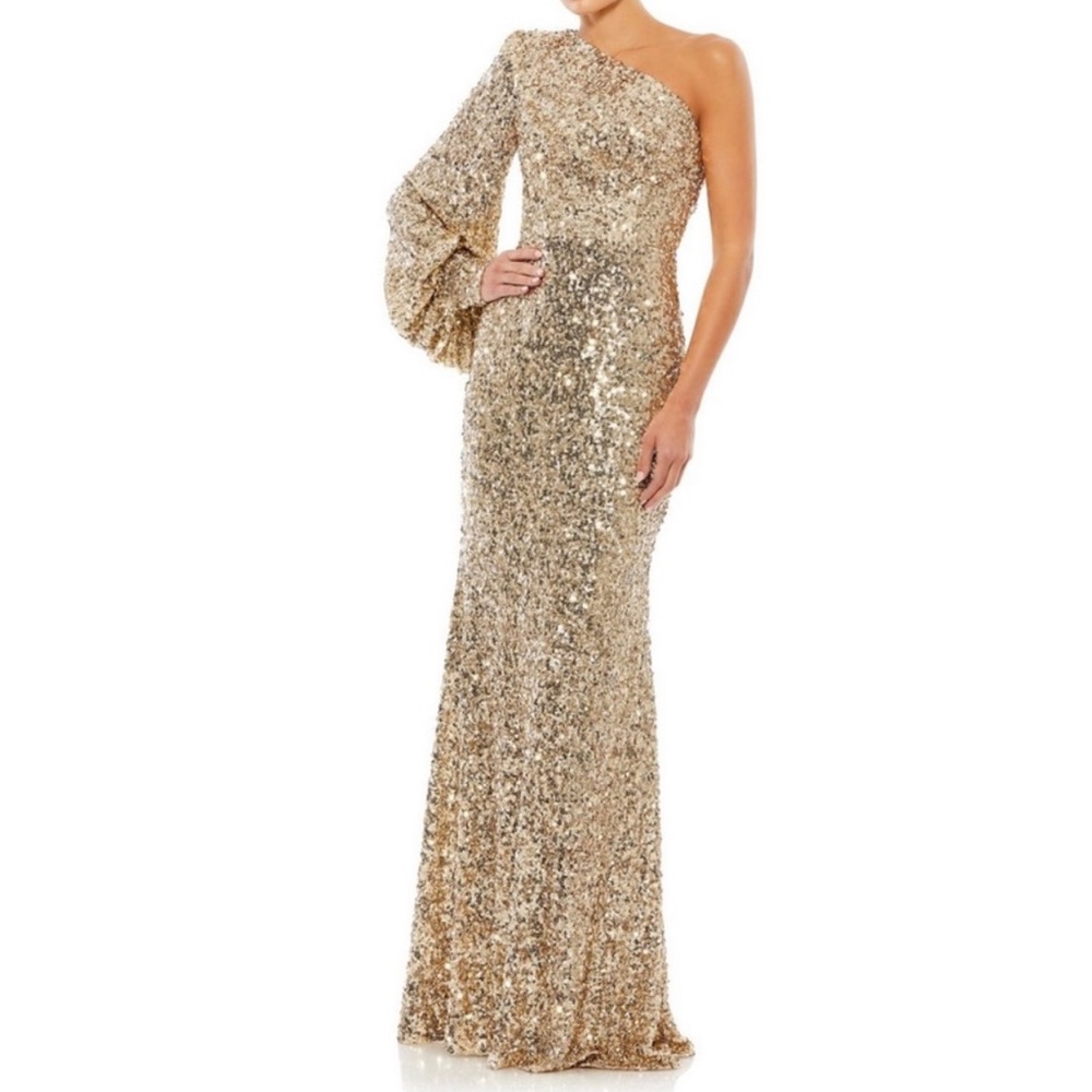 MAC DUGGAL Gold Sequin One-Shoulder Column Gown New With Tag - Reemoly